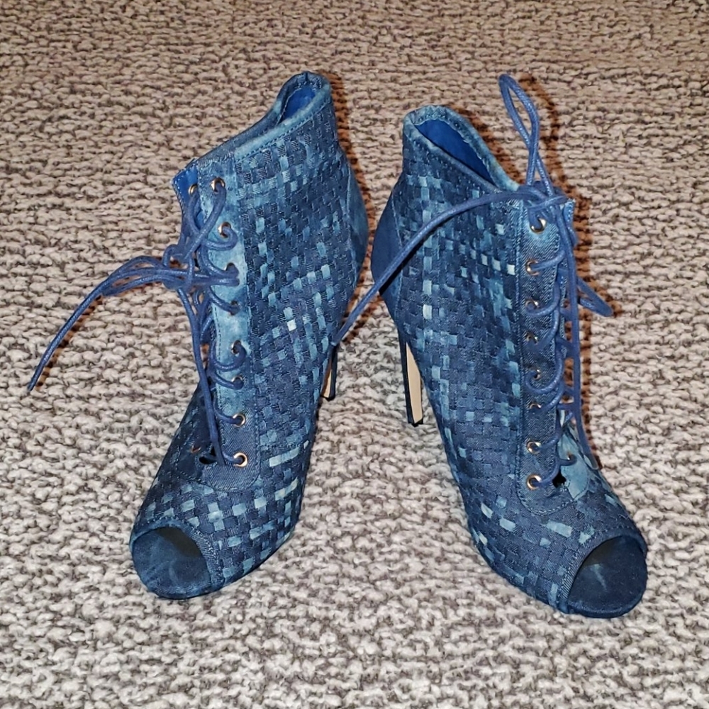 Denim Lace Up Open Toe Heels - Only Worn Once